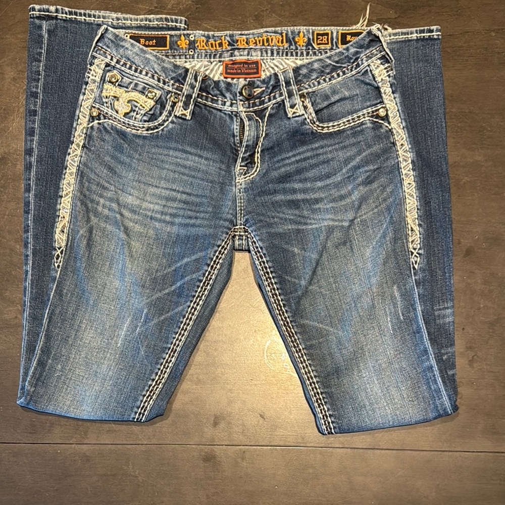 Rock Revival Blue Boot Cut Jeans with Metallic Trim